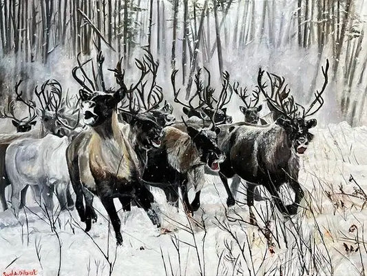 Oil painting of a herd of reindeer with heavy winter snow.